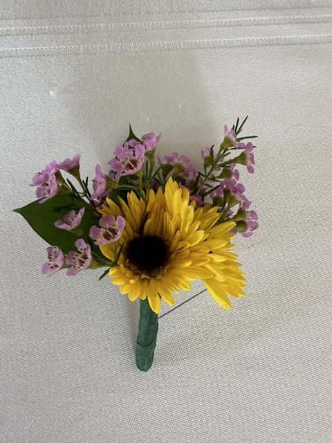 Pom mum and pink wax flower boutonniere