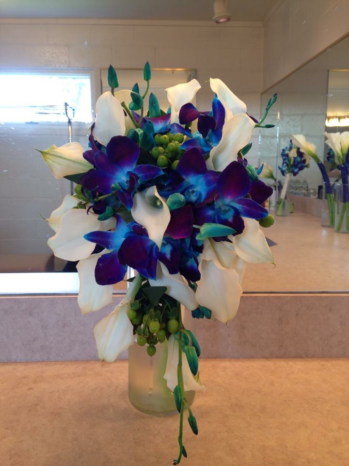 White calla lily and orchid cascade bridal bouquet