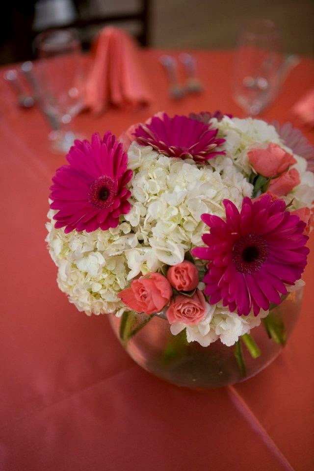 White hydrangea and purple gerbera daisy centerpiece