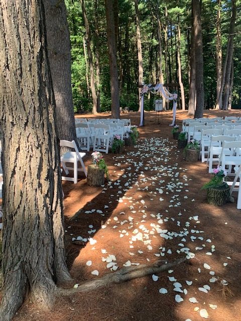 White rose petals down a ceremony aisle